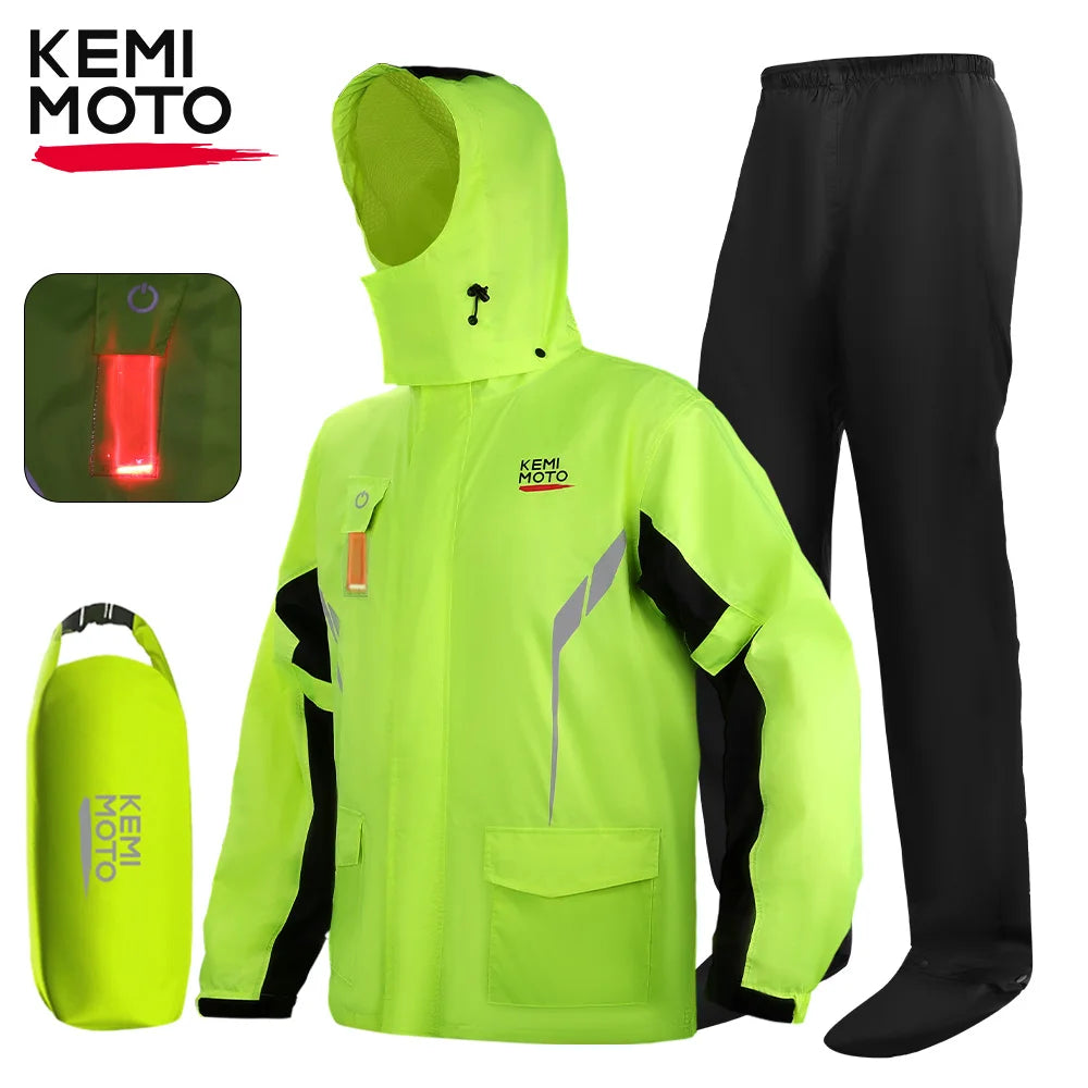 Summer Motorcycle Raincoat Rain Jacket Pants LED Alert Split Suit Rainstorm Waterproof Reflective Impermeable for Outdoor Riding